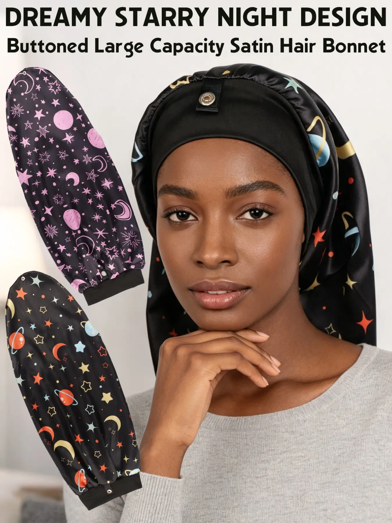 Ultra-Long Satin Sleep Cap with Buckle and Bow, Starry Moon Wide Brim Hat for Long Braids, Soft Satin Hair Protection, Women's Nighttime Styling