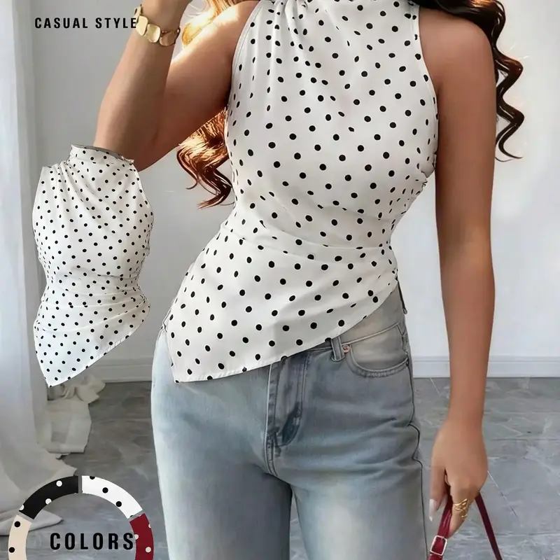 a Dot Fitted Asymmetrical Hem Lightweight Tank Top, Women Sleeveless Tops, Elegant Tops For Women Casual Tops For Women Trending Tops Polka Dot Top