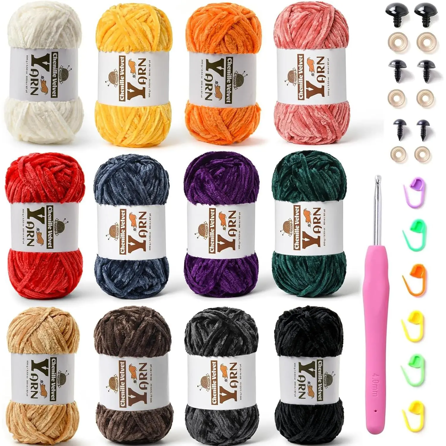 12 Pack Multicolor Crochet Yarn 1200g/1044yds  Chenille Yarn for Crocheting Fuzzy  Yarn for Crochet Kit  Yarn for Crocheting Soft Amigurumi Yarn Set A (100g/87yds Each Skein)
