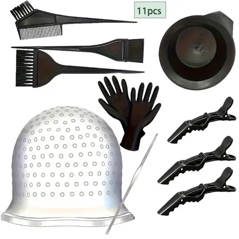 11pcs Hair Dye Tool Set, Home Salon Use, Hair Color Tools, Hair Coloring, Includes Gloves, Brush, Comb, Clips, Reusable Cap with Hook, Multi-Color Dyeing Accessories, Hair Dye Comb