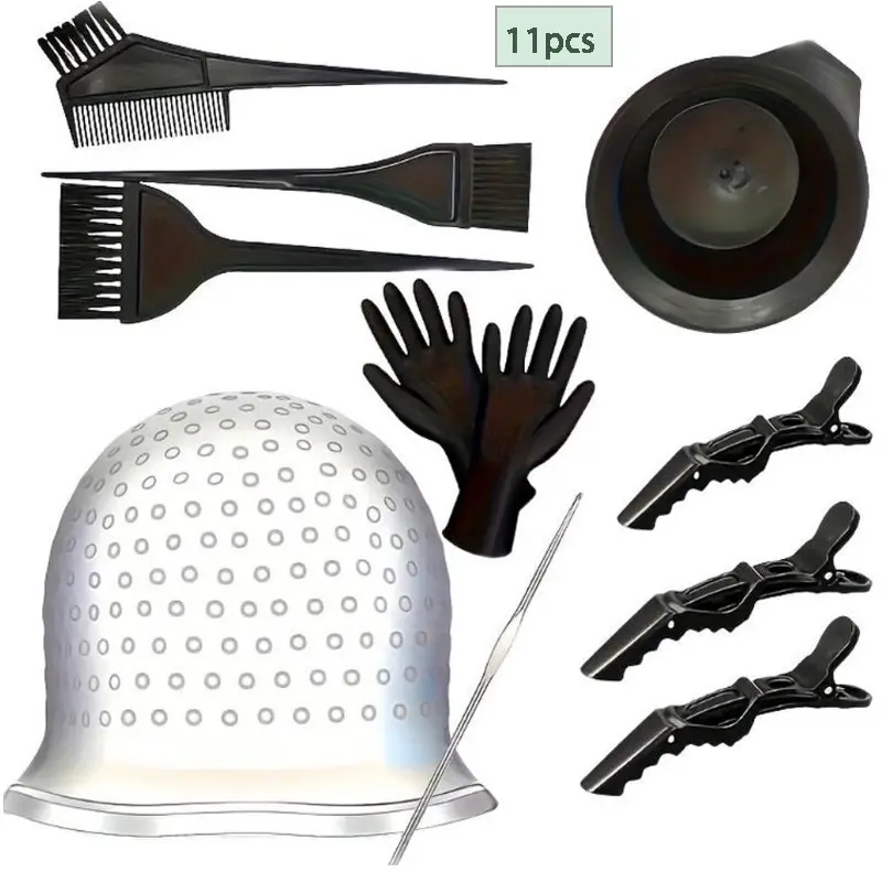 11pcs Hair Dye Tool Set, Home Salon Use, Hair Color Tools, Hair Coloring, Includes Gloves, Brush, Comb, Clips, Reusable Cap with Hook, Multi-Color Dyeing Accessories, Hair Dye Comb