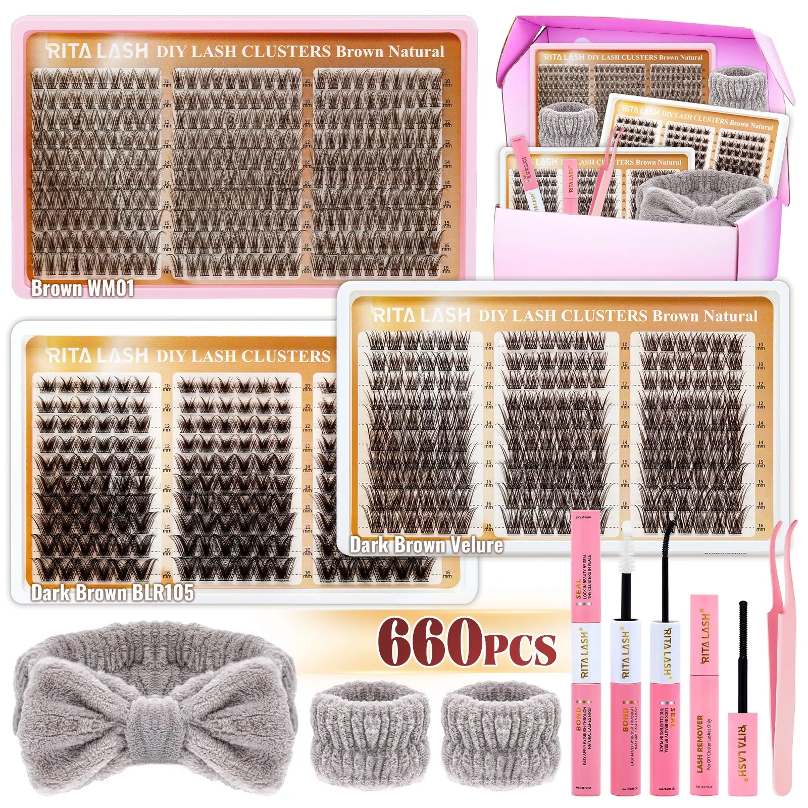 RITALASH 660PCS Dark Brown Individual Lash Cluster Kit Soft Natural Lashes Clusters Bulk Pack DIY Eyelash Extensions Waterproof Durable for Beginners D Curl Clusters (WM01-BLR105-Velure)