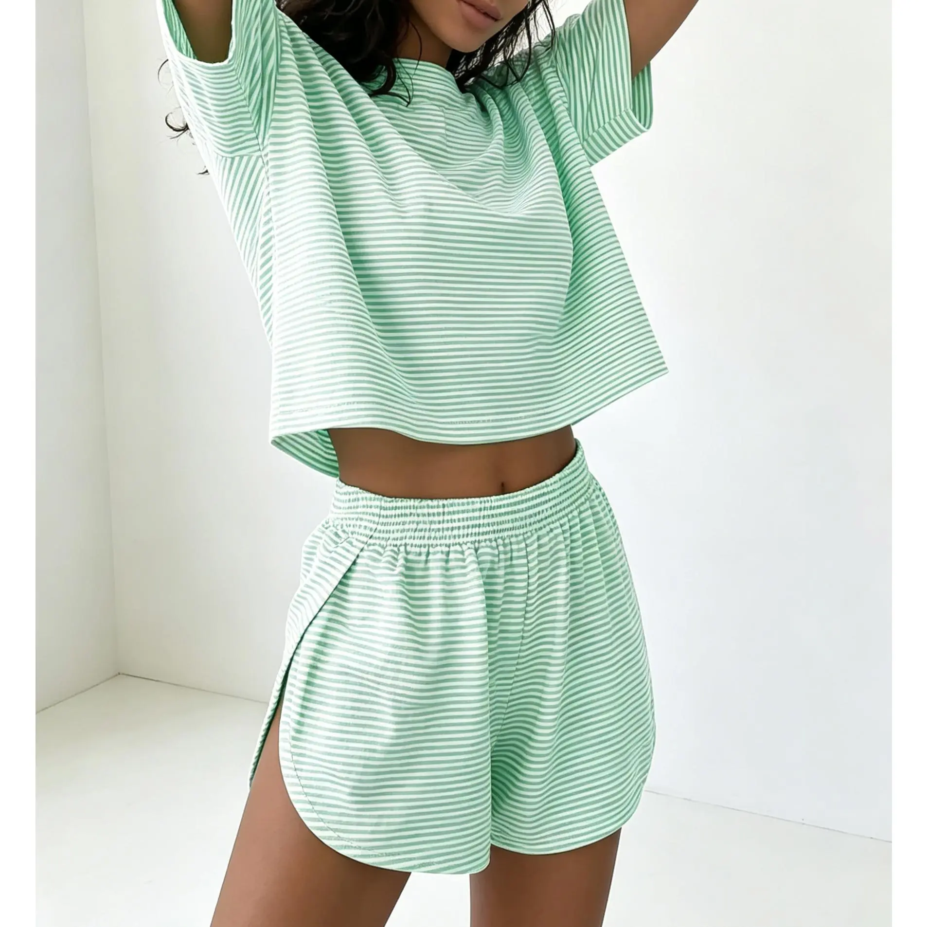 Striped Knit Women's Matching Sets, 2-Piece Casual Lounge Set with a Shortsleeve T-Shirt and Split Hem Shorts, Pajama Set