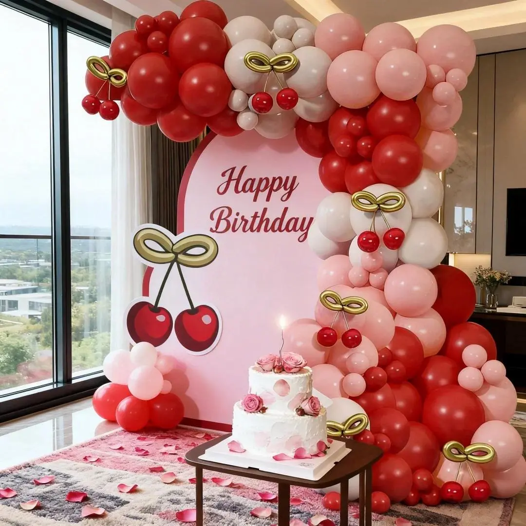 142 Red Cherry-Themed Balloons, Featuring an Arch Design, Including Stylish Thick Latex Balloons in Red, Pink, and White, and a String of Long Gold Balloons. This Set Is Perfect for Cherry-Themed Birthday Celebrations and Social Gatherings.