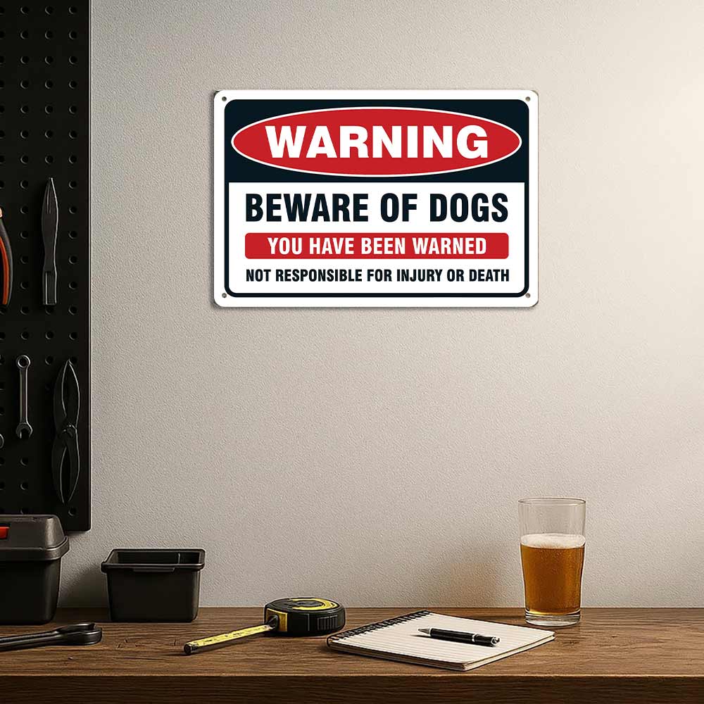 Warning Beware Of Dogs Metal Sign 12x8 In Aluminum, Vintage Dog Warning Tin Sign for Home, Yard, Fence Decor, Retro Beware Of Dogs Wall Art for Dog Owner, 12x8 Inch Aluminum Plaque