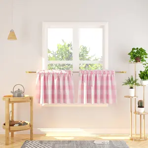 2 Panels 16 Inches Long Valance Cafe Curtains Buffalo Plaid Gingham Check Short Tiers for Kitchen Bathroom Windows Pink & White