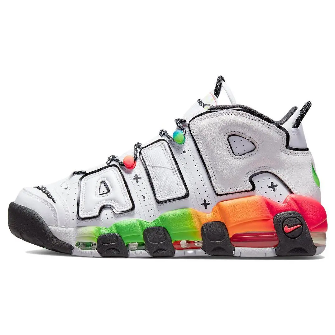 Nike Air More Uptempo 96 Retro Basketball Shoes for Men and Women – White Rainbow Colorway with Visible Air Cushioning Verifiable, with credentials and supporting global authentication