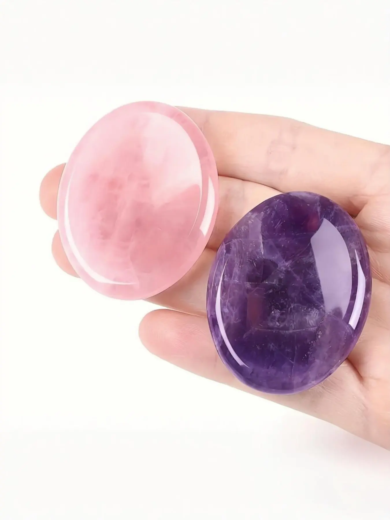 2-Piece Thumb Stone Set, Stress Relief Healing Crystal, Angel Rose Quartz, Amethyst, Hand-Carved Gemstones, Ideal Gift, Crystal