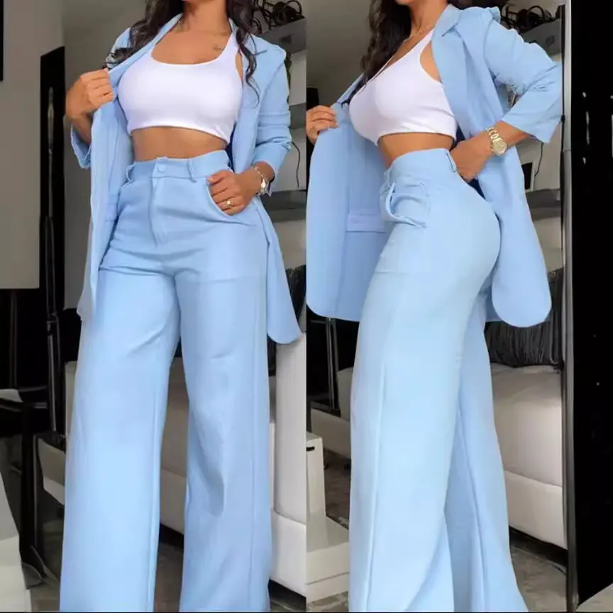 [2-Piece Set] Women's Elegant Solid Color Blazer Suit |     Notch Lapel Split Sleeve Jacket & Straight-Leg Pants |     Chic Formal Commuter Office Oufits