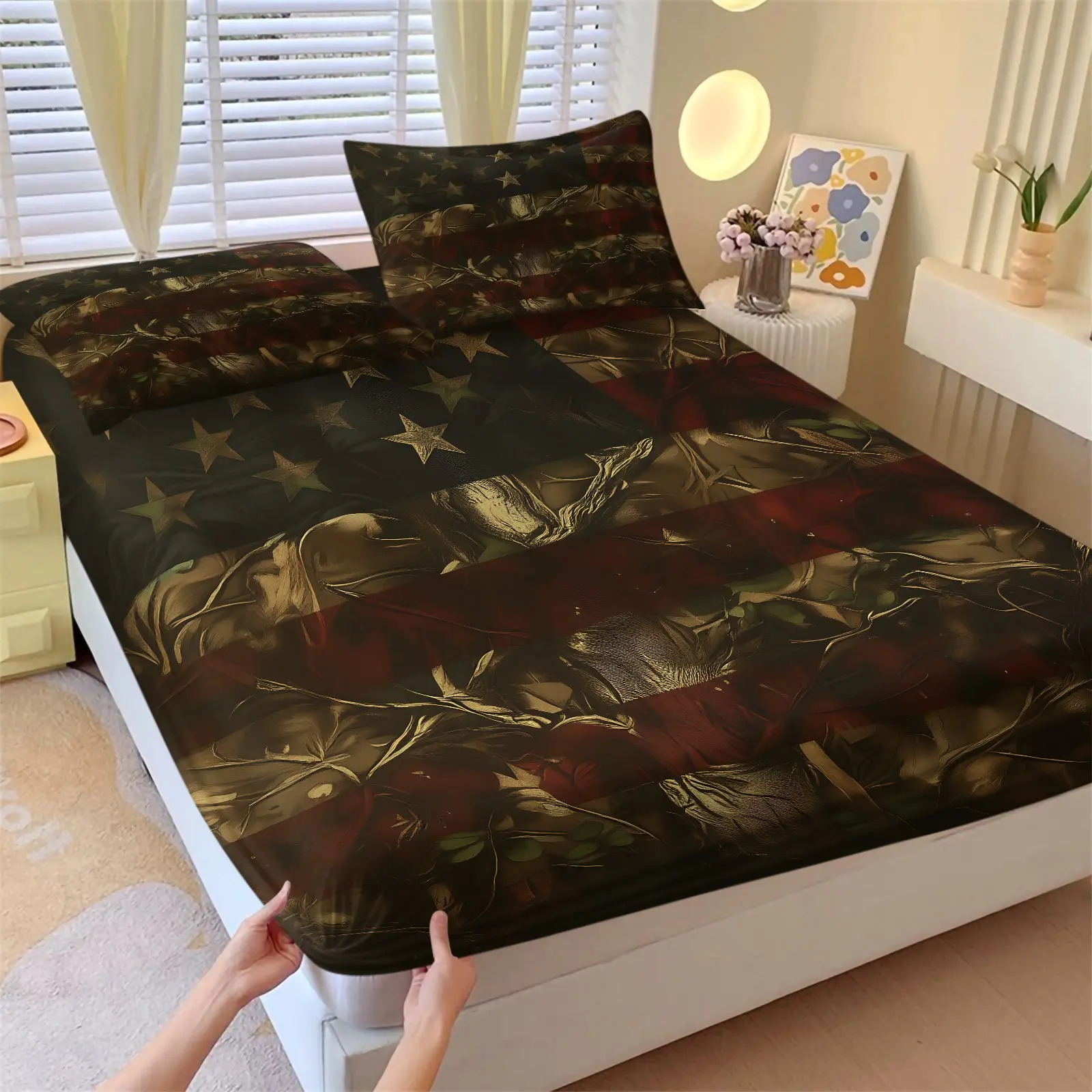 Rustic Hunting Camo Deer Flag Fitted Sheet Set, Star Stripe Camouflage Antler Mixed Print, Colorfast Skin Friendly Stretch Fabric With Full Surround Elastic Edge, Soft Daily Bedding For Bedroom Decor