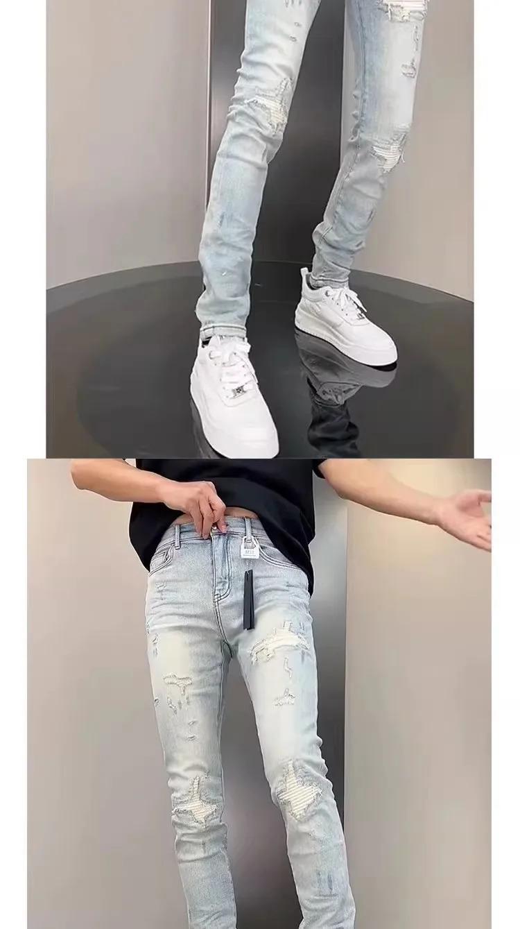 New Korean Luxury Clothing High Jeans for Men Fashion Slim Fit Pencil Pants with Holes Summer Casual Denim Trousers Male