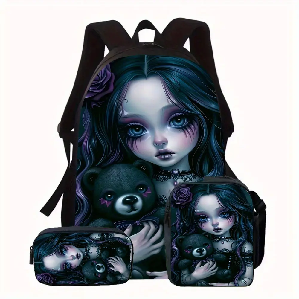 Unisex Youth 3-Piece Goth Backpack Set, Retro Chic Back to School Bag with Lunch Box, Pencil Case & Organized Slots for School Trips