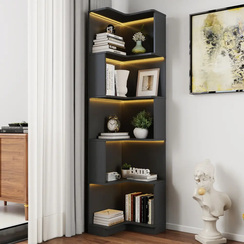 Littleox Corner Book Shelf - 5 Tier Corner Bookshelf  Bookcase with Baffle, Freestanding L Shaped Display Shelf Stand with led lights for Home Office, Living Room, Bedroom, Kitchen