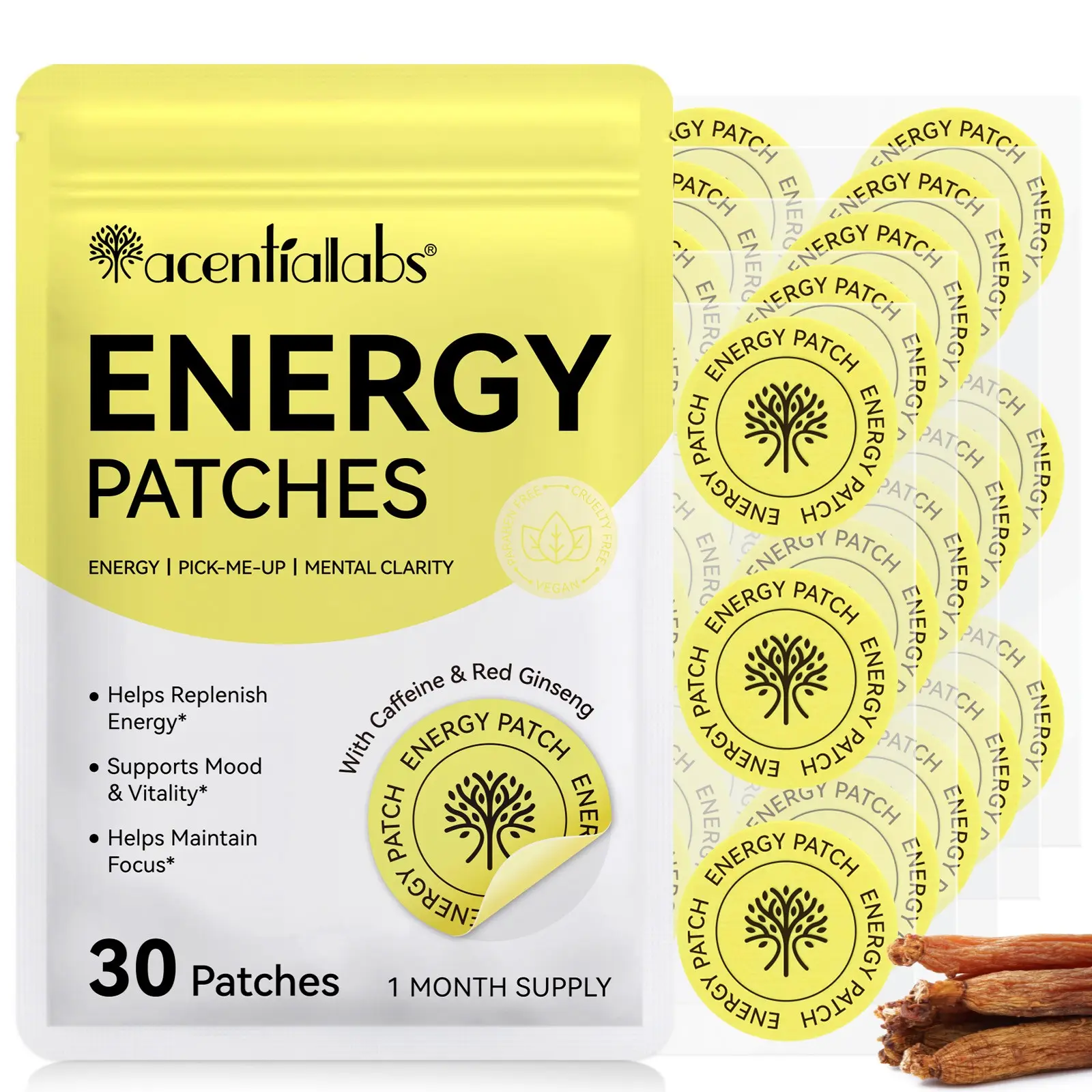 Acentiallabs Energy Patch 30pcs Bag, Caffeine & Ginseng Formula, Boosts Energy, Waterproof, Ideal for Study, Sports, Work, Lazy Design