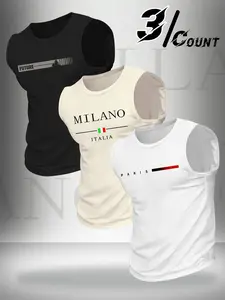 3 Pack Men Crew Neck Sleeveless Tank Tops Minimal Milano Italia Paris Future Letter & Italy Flag Graphic Lightweight European Urban Style Breathable Casual Streetwear Multipack Daily Gym Vests