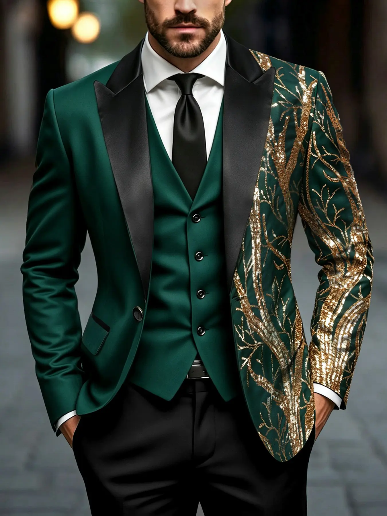 Men's One-Button Suit Jacket, Long Sleeve, Notched Lapel Satin Beaded Floral Design, Evening Outerwear for Weddings, Parties, Graduation Balls
