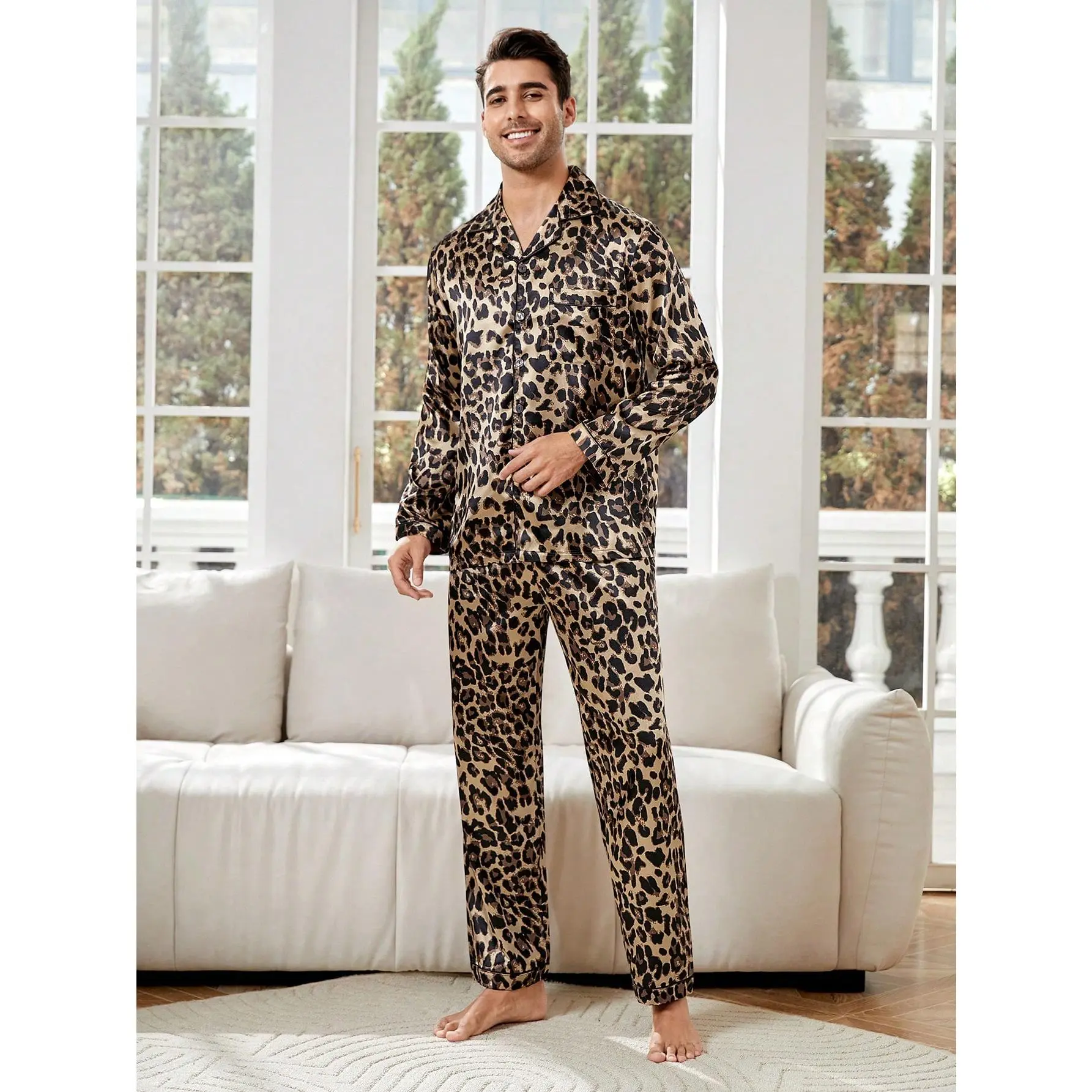 Men's Comfy Breathable Satin Leopard Print Button-Down Long-Sleeve 2-Piece Pajama Set - Top & Pants, Menswear Sleepwear Loungewear