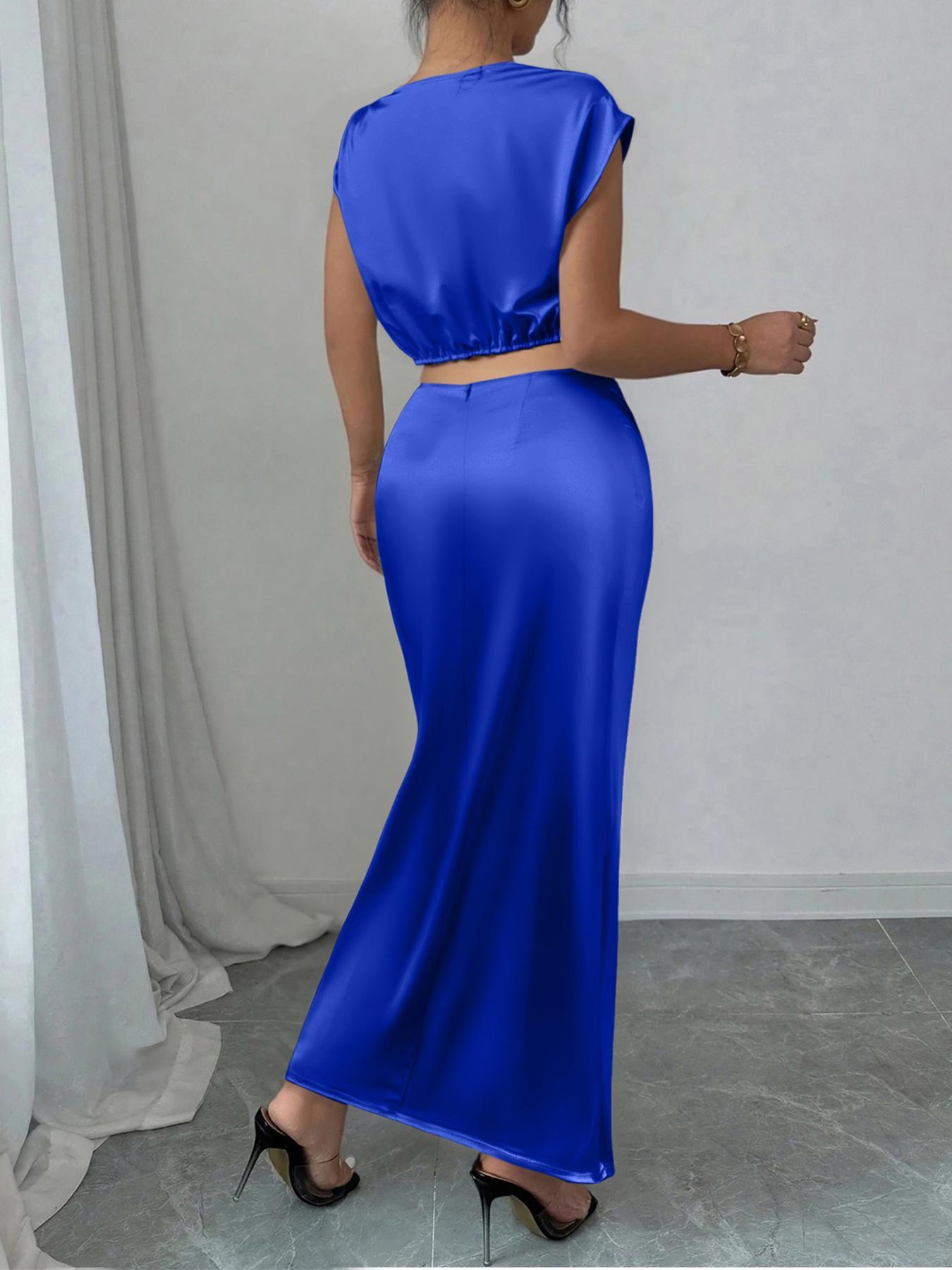 Women's Solid Asymmetrical Neck Top & Mermaid Skirt Satin Two-piece Set, Chic Elegant Fashion Casual Top & Skirt for Daily Outdoor Wear, Women's Clothing for All Seasons, Womenswear