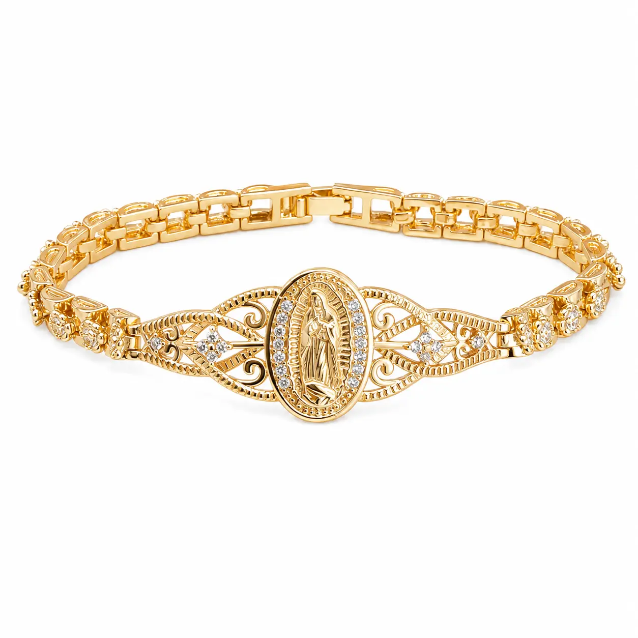 Gold Plated Virgin Mary Bracelet for Women, Copper Base Hypoallergenic Religious Charm Bracelet, Elegant Cubic Zirconia Link Bangle Jewelry, Lightweight Faith Inspired Wrist Jewelry Gift