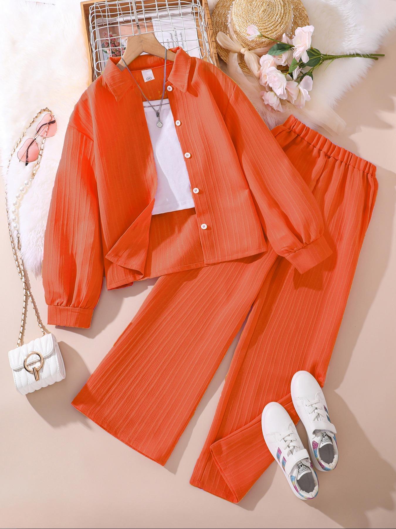 Two-piece Set Girl's Solid Color / Bow Pattern Shirt & Pants Set, Suits, Casual Long Sleeve Collared Top & Trousers for Spring & Fall, Kids Clothes for Daily Wear