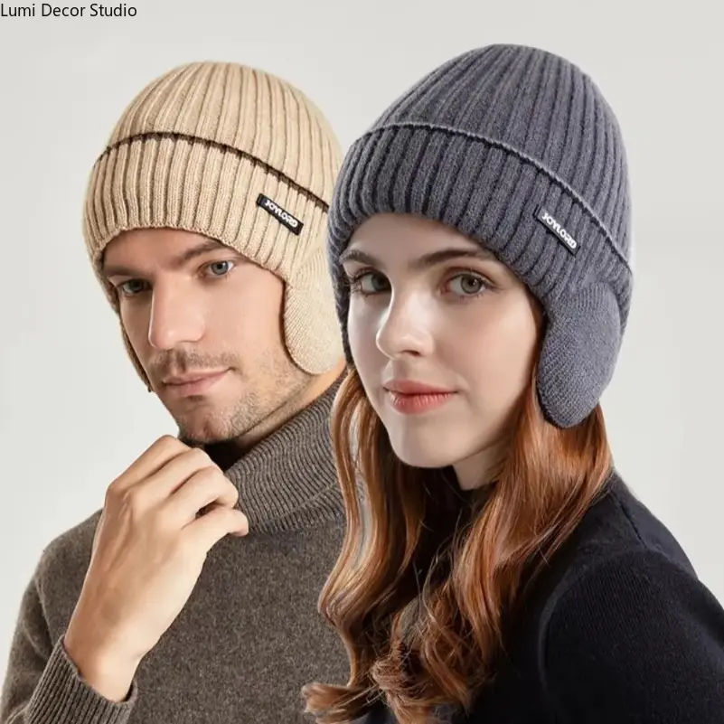 Men's Ribbed Knit Beanie Hat - Fleece-Lined Thermal Winter Cap with Adjustable Ear Buckle for Outdoor Hiking and Daily Cold Weather Wear