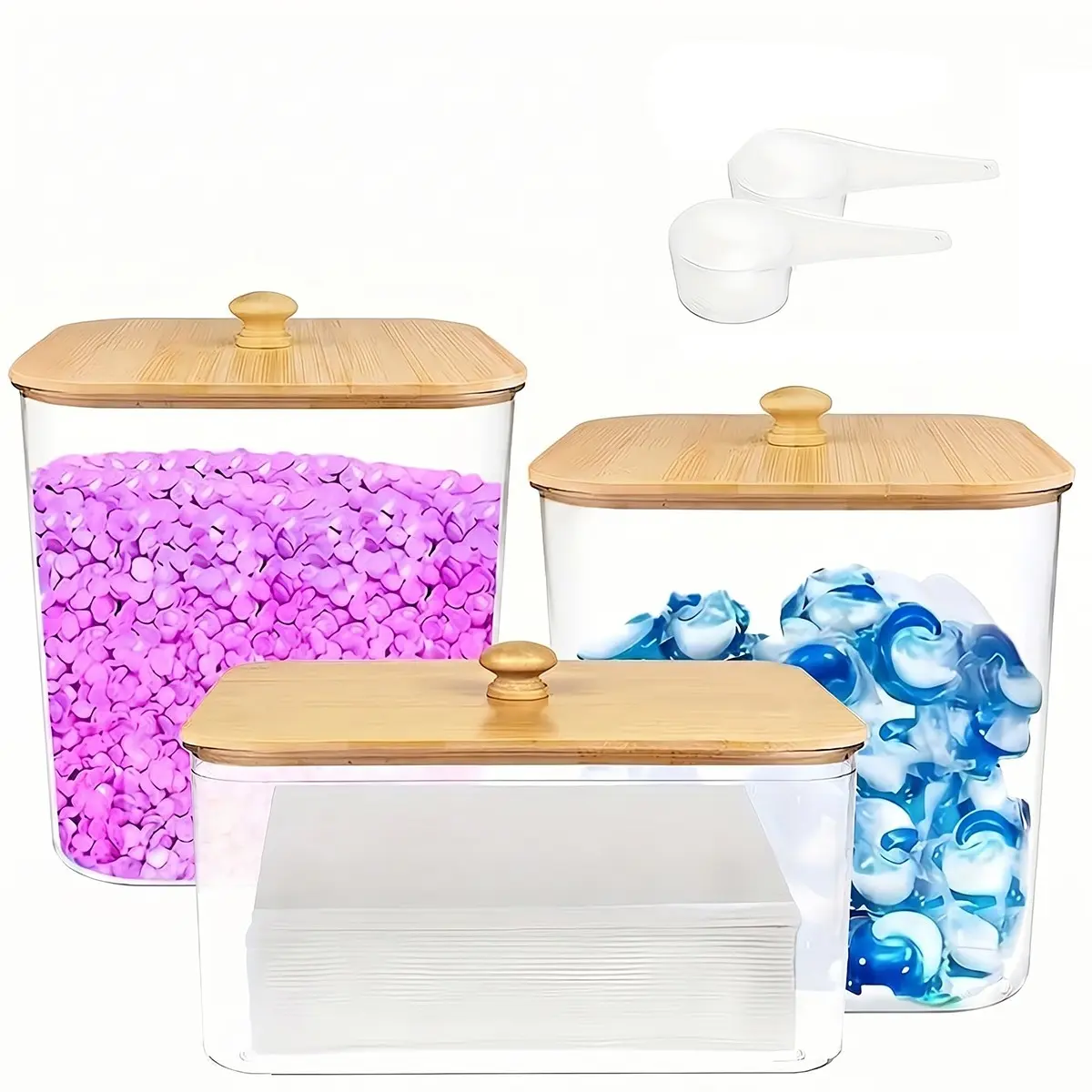 Laundry Pods Container, Organizer & Holder,Home Storage Supplies,Clear Laundry Room Organization Containers,Plastic Storage Bin,Large Laundry Detergent Powder Storage Containers with Wooden Lids & Labels,for Scent Booster,Powder,Clear Storage Box