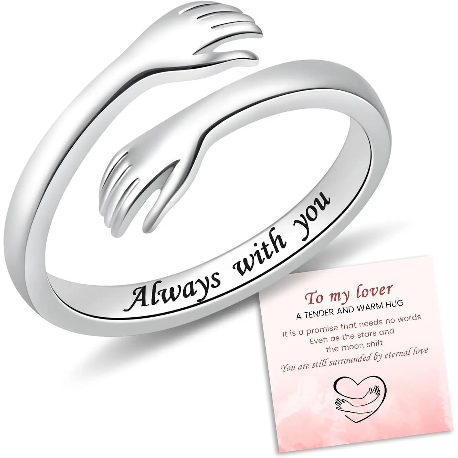 925 Sterling Silver Hug Ring for Women Teens, Inspirational Hand Hug Motif Friendship Promise Jewelry, Gift for Mom Daughter on Birthday or Mother's Day, 925 Purity, Gifts Occasion