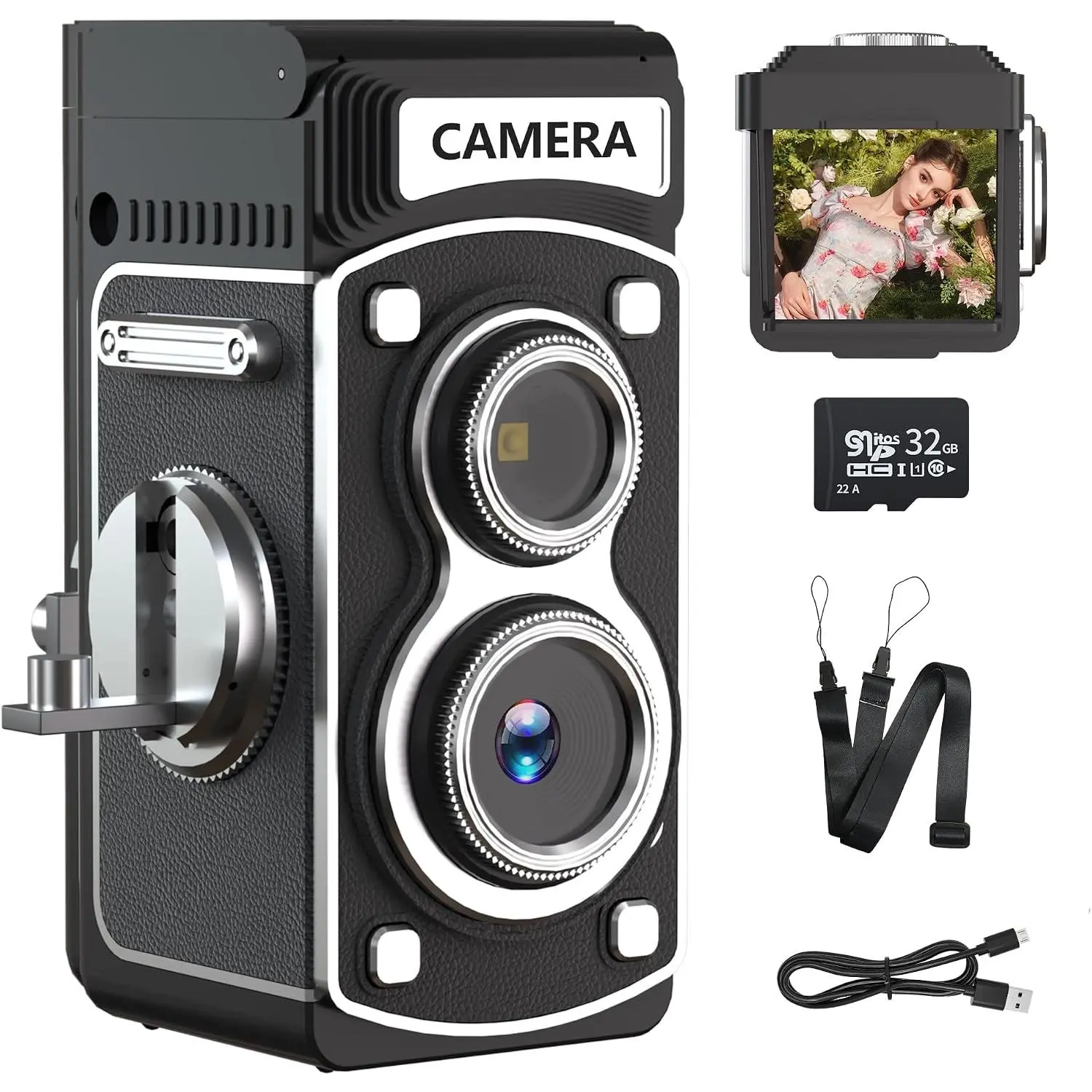 Mini  Digital Camera - 1080P FHD Retro TLR Style Point and Shoot Auto Focus, Compact & Portable Volgging Camera with 32GB Card, Ideal for Birthday Gifts, Beginners, Teens
