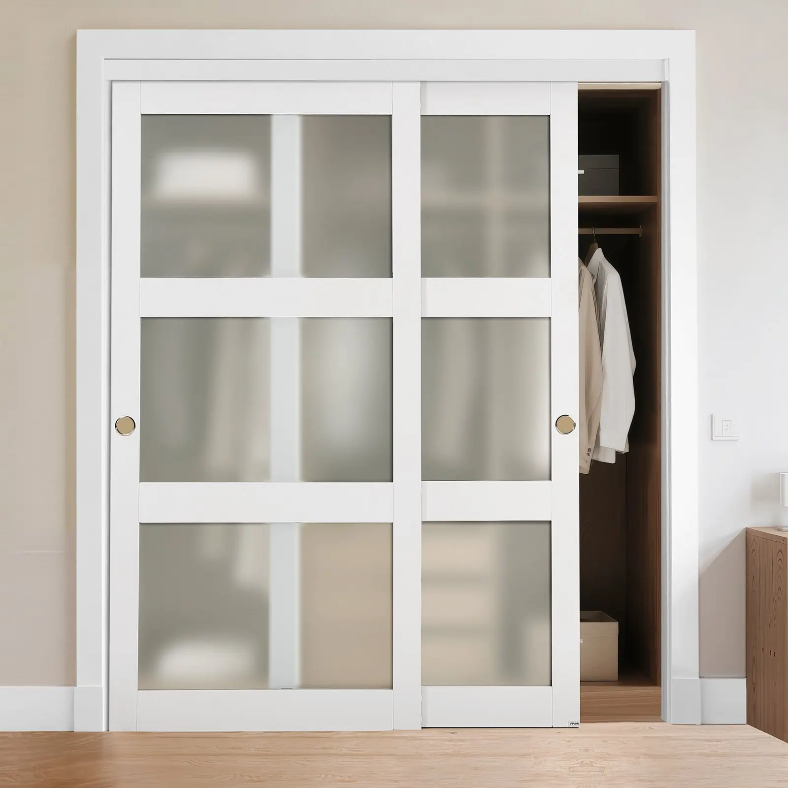 VEVOR 3-Lite Frosted Glass Bypass Sliding Door, 72"(Double 37")x80", Solid Wood MDF Slab with Waterproof PVC Surface, Hardware Kit & Floor Guide Included for Closets, Bedrooms