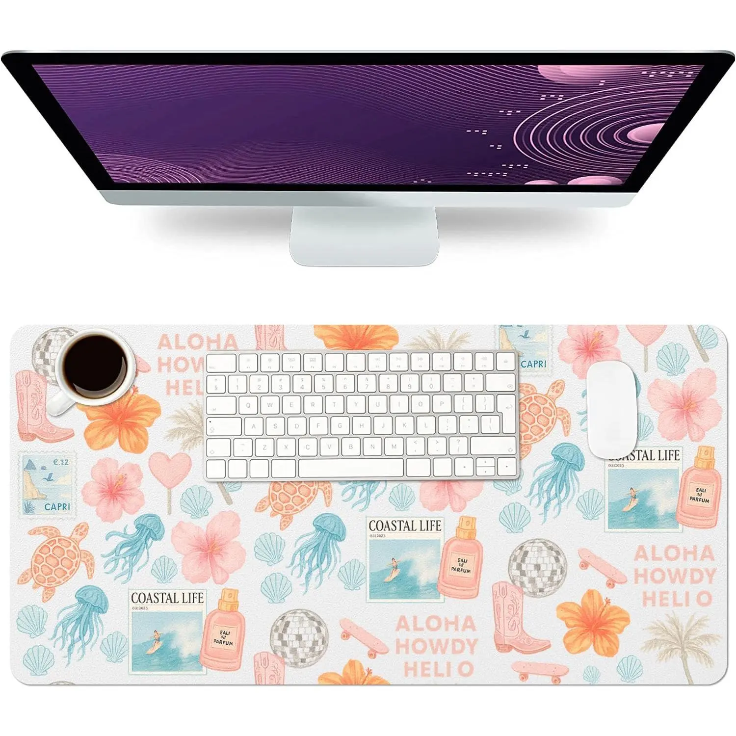 Large Mouse Pad, Cute Floral Turtle Jellyfish Desk Mat for Desktop, Waterproof Non-Slip Gaming Keyboard, Computer Laptop Desk Protector Writing Pads for School Office Home 31.5" x 15.7"