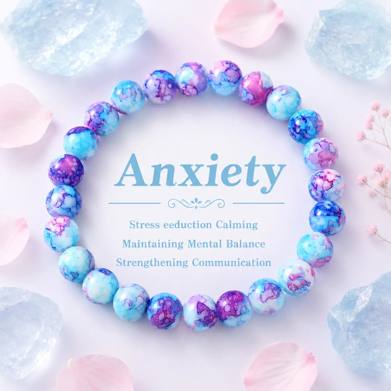 Women's Blue Purple Watercolor Beaded Bracelet - Crystal Healing Jewelry for Anxiety Relief, Stress Calming & Yoga Mindfulness