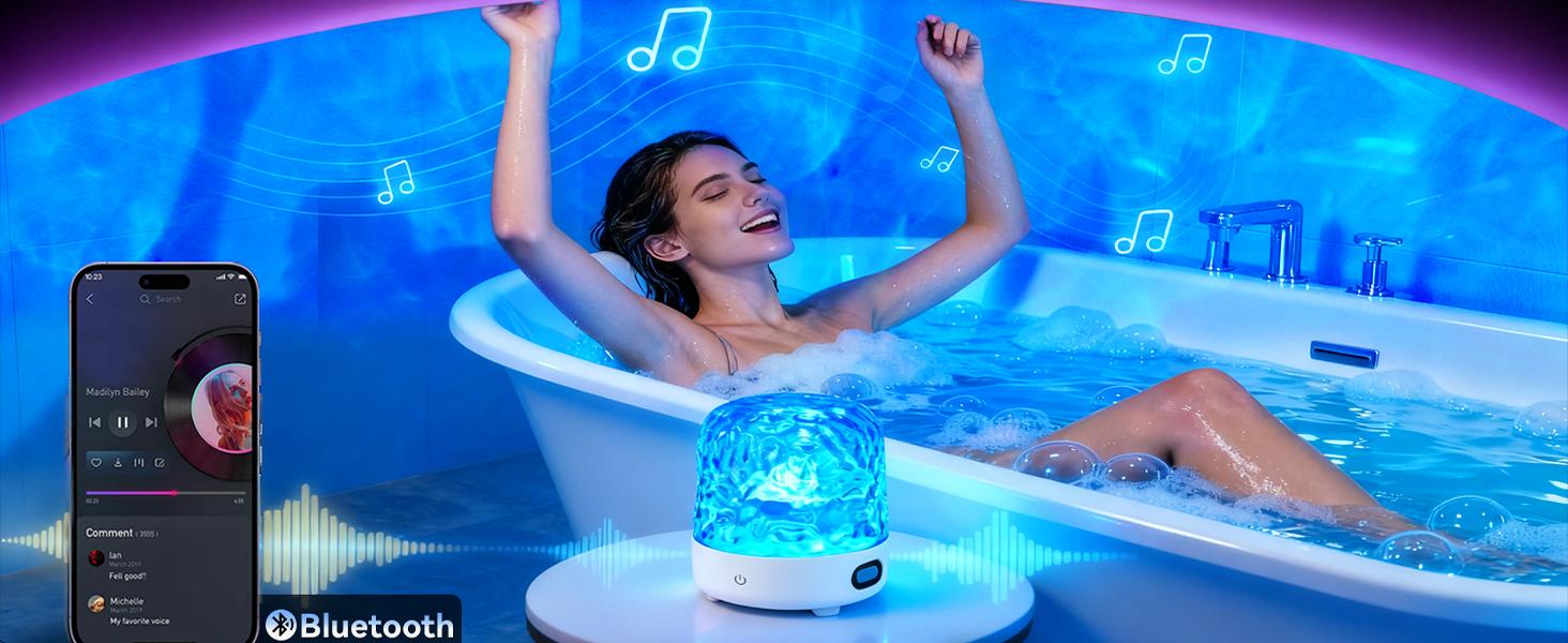 Shower Light with Bluetooth Speaker, Waterproof Shower Lamp with White Noise, 16 Colors Ocean Wave Projector Light with Remote & Touch Control, Music Lamps for Inside Shower Bathroom Bathtub