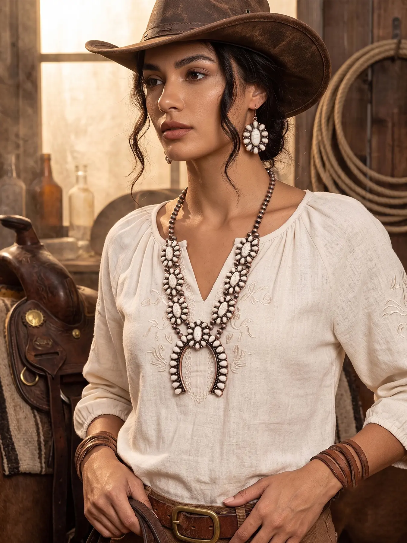 Western Squash Blossom Necklace Set - Vintage Copper Naja Pendant Navajo Pearl Bead Chain, White Turquoise Oval Cluster Earrings - Southwestern Boho Cowgirl Jewelry