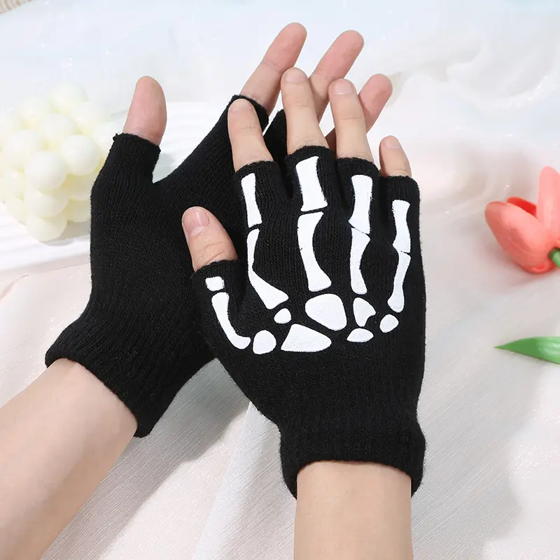 Glow in the Dark Skeleton Gloves Halloween Neon Half Finger Gloves Ghost Claw Design Touchscreen Compatible for Party Outdoor Activities Party Accessory