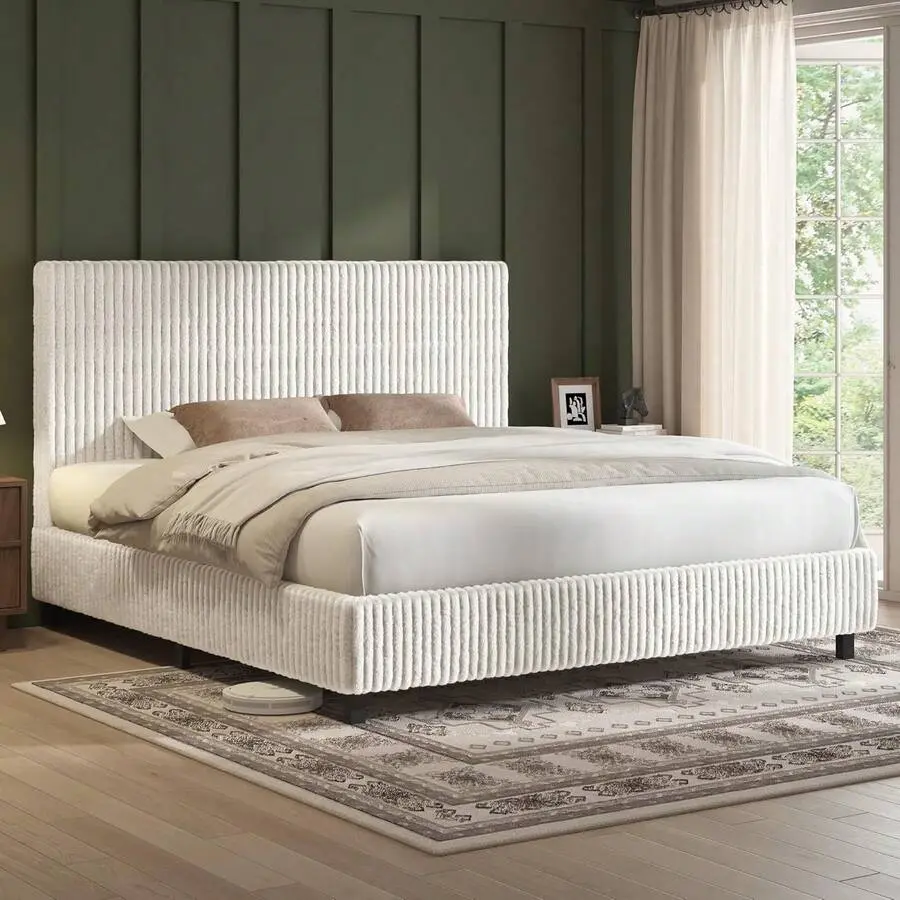 Full/Queen/King Upholstered Bed Frame With Gap-Free 3.5" Thick Headboard – Corduroy Platform Bed With Fully Padded Design & Metal Slats, No Box Spring Needed