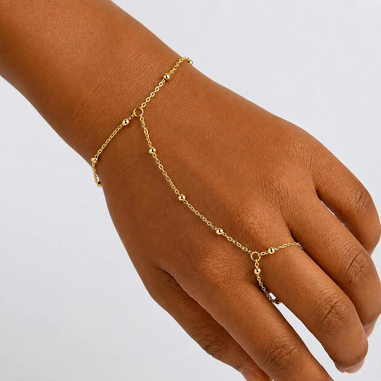 hand chain Gold Hand Chains for Women, Dainty Beaded Hand Chain Bracelet with Ring, Adjustable Finger Ring Hand Chain, Lightweight Trendy Hand Jewelry, Bracelet Ring Chain for Everyday Wear, Party & Gifts