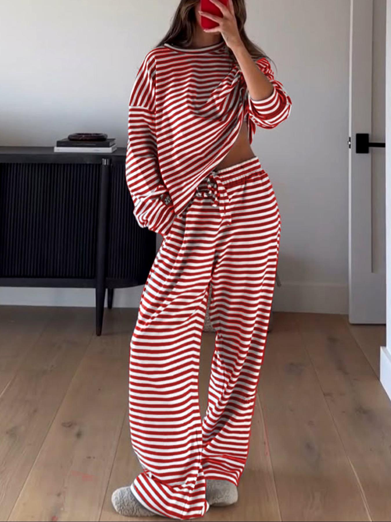 Women's Casual Striped Long Sleeve Top & Pants Set, Comfortable Loose-Fitting Home Wear, Fashionable Two-Piece for Daily Use