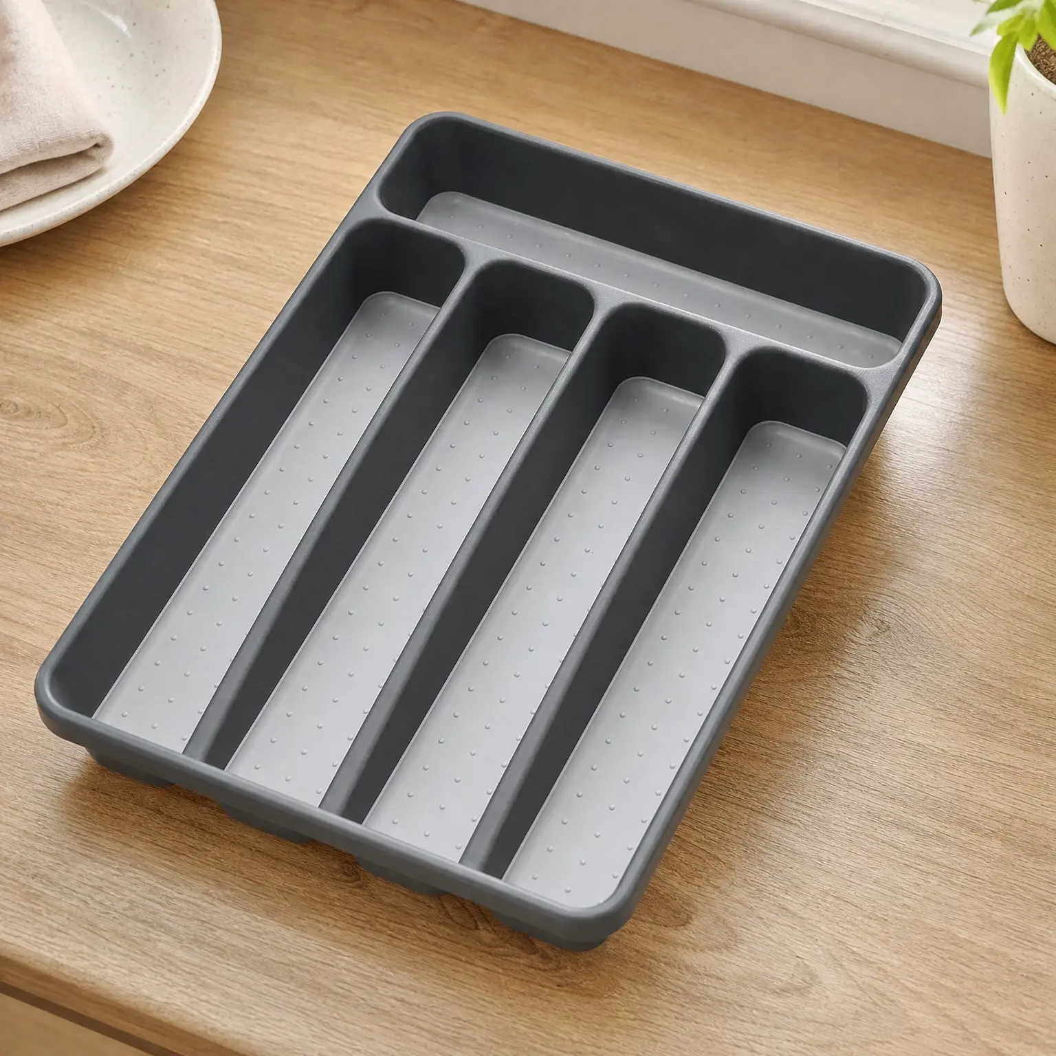 Classic 5 Compartment Compact Silverware Tray, Granite - Non-Slip Feet, Rounded Corners, Soft Grip Lining, Flatware Sorting for Forks, Knives & Spoons, Woman OwnedGift