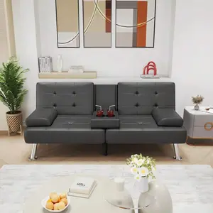Grey Quilted PU Faux Leather Convertible Futon Sofa Bed, 3-Position Recliner With Fold-Down Armrest & 2 Cup Holders For Living Room Apartment Dorm