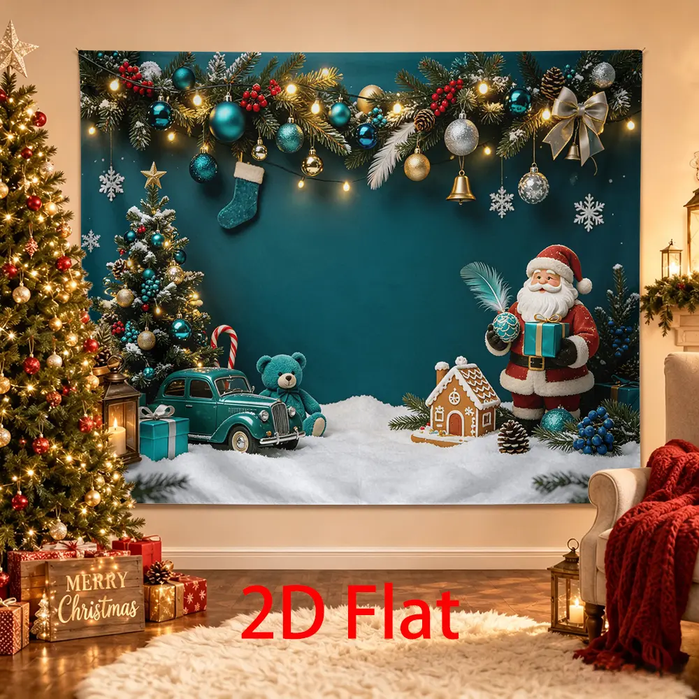 Teal Christmas Santa Backdrop with Vintage Car, Teddy Bear, Gingerbread House, Ornaments, Gifts and Snow Holiday Photo Background