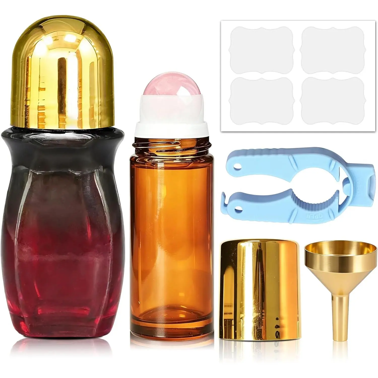 2 Pack Rose Quartz Essential Oils Roller Bottles, Empty Leakproof 50ml Black to Red Gradient Waisted Roller Bottle and 30ml  Glass Roll  Bottle for Perfume, Anointing, Travel, DIY