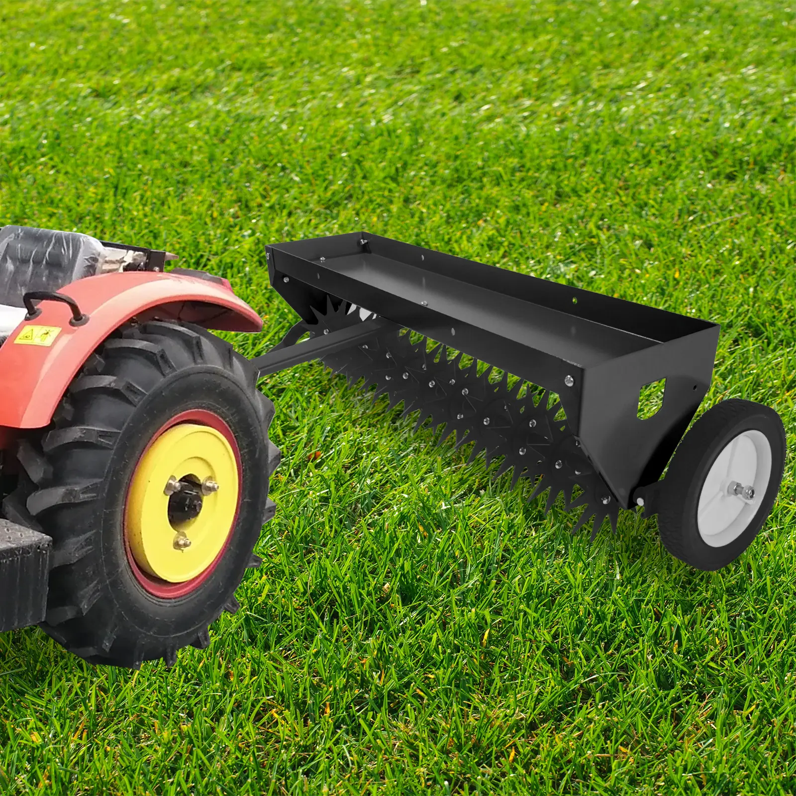 Heavy-Duty 40-Inch Tow-Behind Spike Aerator – Steel Teeth, Adjustable Handle, Transport Wheels & Tray – Professional Lawn, Garden & Farm Soil Aeration, Effective Weeding, Rugged Build