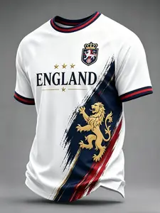 2026 New Summer Men's England 3D Print Soccer Jersey T-Shirt, Quick-Dry Sweat-Wicking Round Neck Short Sleeve, Casual Streetwear