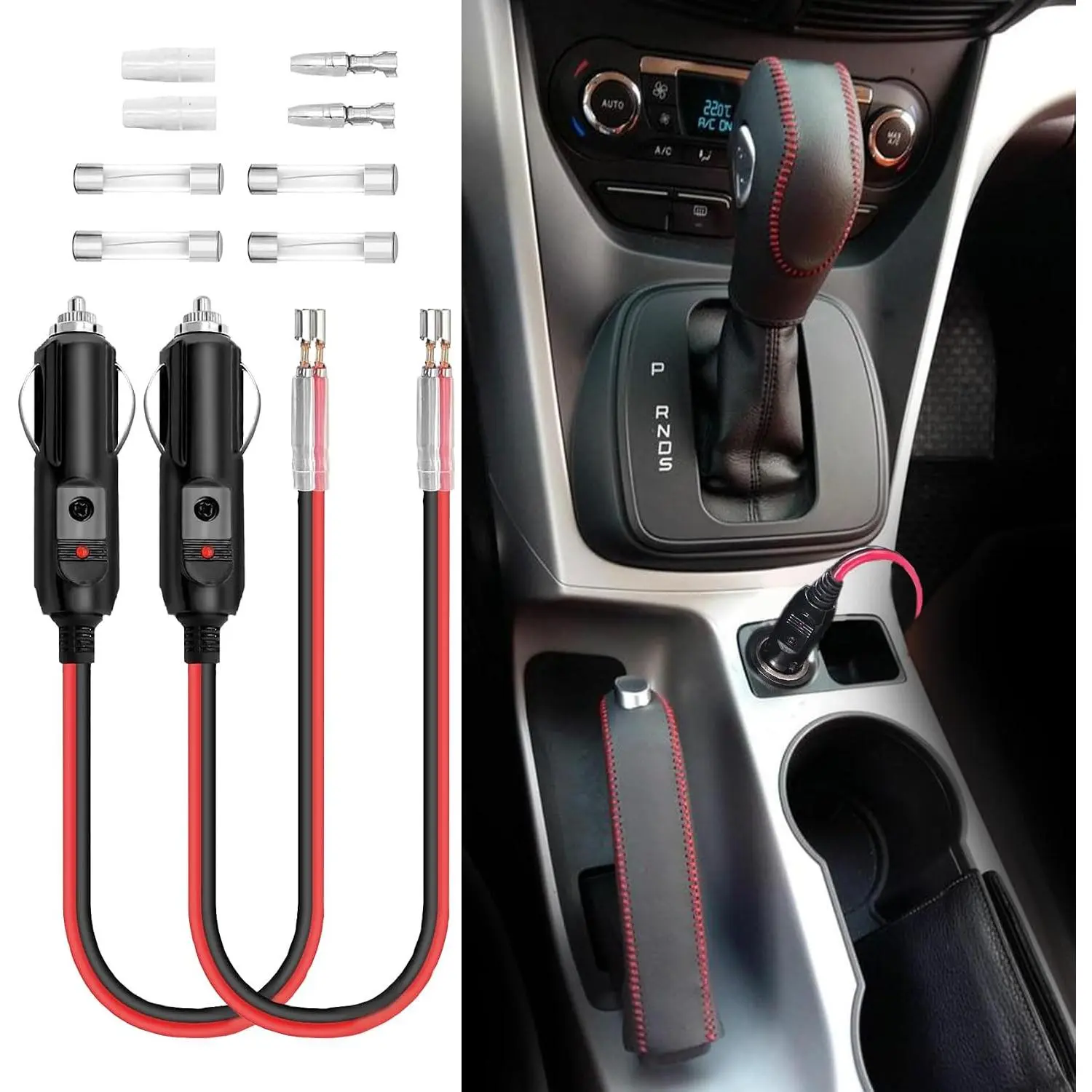 2PCS Cigarette Lighter Male Plug 12V Fused Replacement, Male Cigarette Lighter Plug Adapter with Leads & LED Light, 12v Plug Connector Socket 1FT 16AWG Extension Cable with 15A Fuse