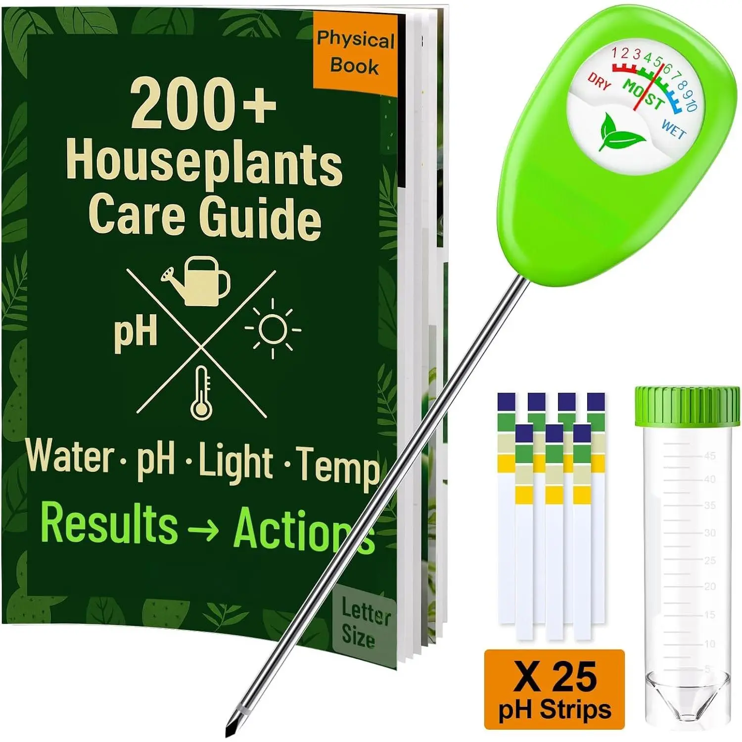 Indoor  Care Kit - Soil  Meter, 200+ Houseplant Watering Guidebook & pH Test Strips (25 Counts) -  Mom Gifts, Starter Tool Set for Monstera, Succulent & Fiddle Leaf Fig