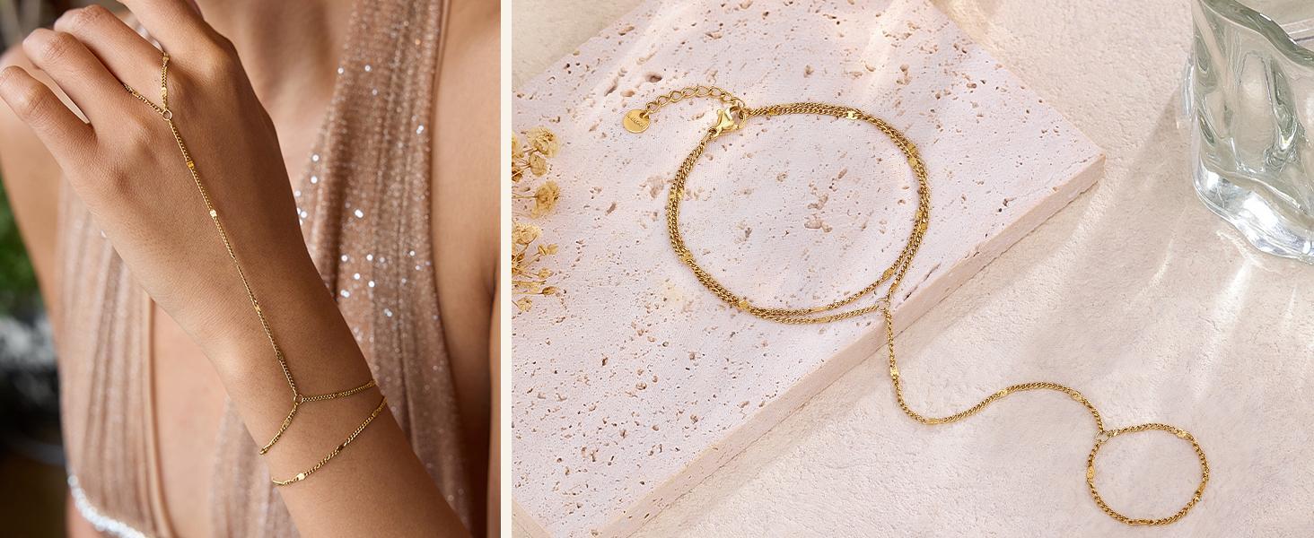 Hand Chain 18K Gold Plated Stainless Steel Non Tarnish Link with Finger Ring Bracelet Stacks Valentines Day Gifts for Her Waterproof Jewelry Gold Handchain Indian Bracelets for Women