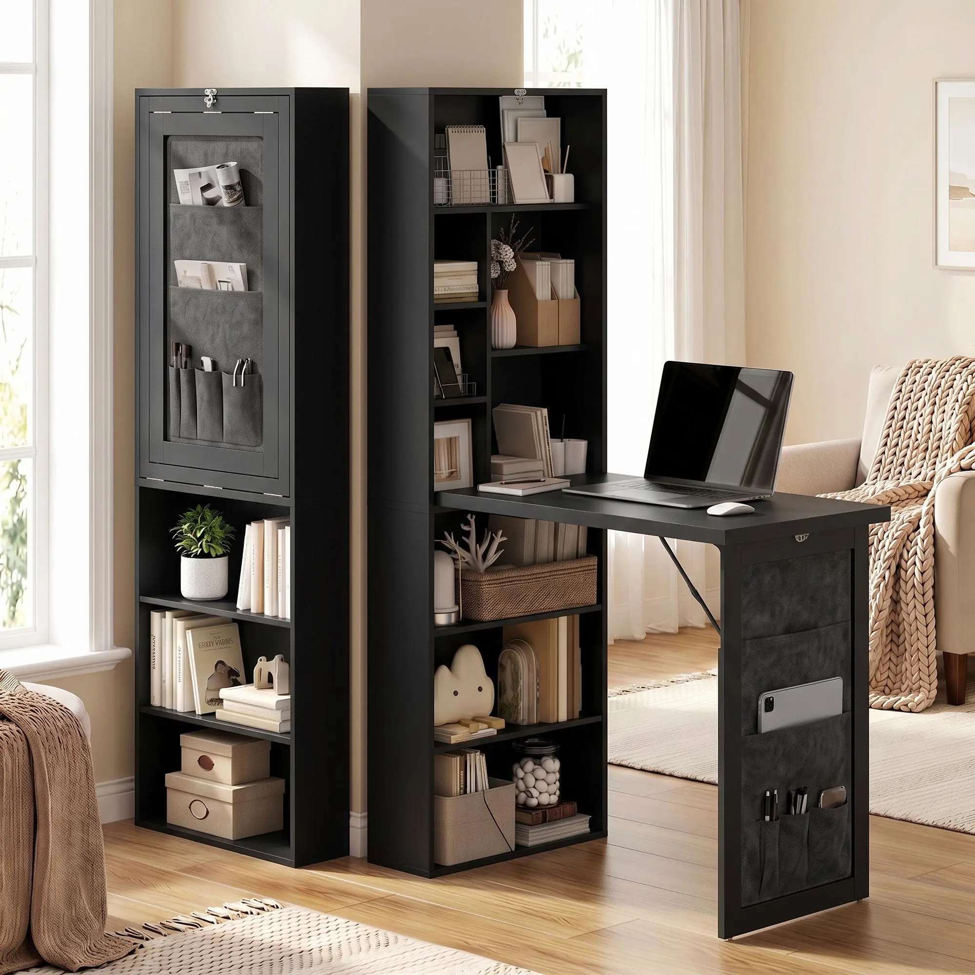 Foldable Wall-Mounted Computer Desk, Convertible Writing Table with Storage Shelves and Storage Bag, Space-Saving Folding Workstation, Floating Laptop Desk, Study Table for Home Office, Bedroom, Small Apartment, Compact Work Desk, Black