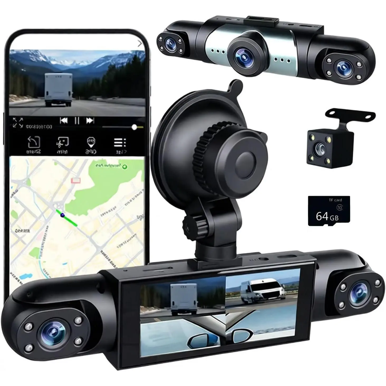 1080P Ultra HD 4-Channel Dash Cam for Cars Front & Inside & Rear Recording, Loop Recording, Night Vision, 4 Inch IPS Screen - Car DVR Black Box