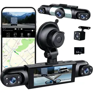 [Father’s Day Gift]1080P Ultra HD 4-Channel Dash Cam for Cars Front & Inside & Rear Recording, Loop Recording, Night Vision, 4 Inch IPS Screen - Car DVR Black Box