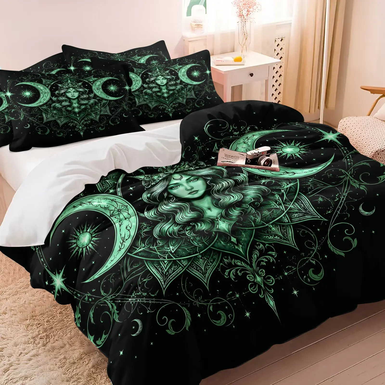 Black Green Triple Moon Goddess Print Duvet Cover Set (1 Duvet Cover + 1/2 Pillowcases), Ultra-Fine Fiber Soft Breathable Bed Linens, Witchy Gothic Bedroom Decor, HD Digital All Seasons Bedding